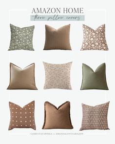 pillows with different patterns and colors on them, including the words amazon home here pillow covers