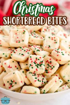 christmas shortbread bites in a white bowl with sprinkles