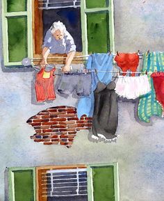 watercolor painting of an old woman hanging out her window with clothes on the line