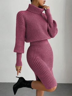 High Neck Solid Color Ribbed Knit Long Sleeve Sweater Dress Multicolor Elegant  Long Sleeve Knitwear Plain  Medium Stretch  Women Clothing, size features are:Bust: ,Length: ,Sleeve Length: Thigh Sleeve, Dress For Autumn, Fashion Knitwear, Bodycon Sweater, Bodycon Sweater Dress, Slim Fit Sweater, Turtleneck Sweater Dress, Evening Gowns Elegant, Long Sleeve Sweater Dress