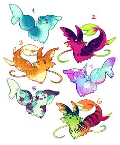 six different colored butterflies with numbers on them