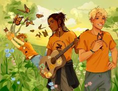 two people standing next to each other in a field with butterflies flying around and one holding a guitar