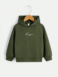 Young Boys Casual Comfortable Hooded Top, Sweatshirt Army Green   Long Sleeve Knitted Fabric Letter Pullovers Slight Stretch  Young Boys Clothing, size features are:Bust: ,Length: ,Sleeve Length: Green Hooded Sweatshirt For Streetwear, Green Zipper Sweatshirt For Streetwear, Hudi Item Boys, Urban Green Hooded Sweatshirt, Green Fleece-lined Sweatshirt For Streetwear, Green Long Sleeve, Hooded Top, Kangaroo Pocket Hoodie