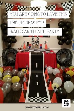 a race car themed birthday party with balloons