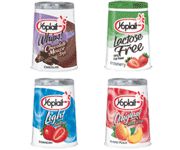 four yogurt flavors are shown in three different flavors, each with chocolate and strawberries