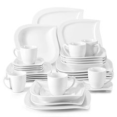 a white dinner set with cups and saucers on the side, in front of a white background