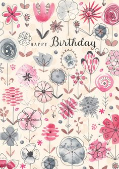 a birthday card with watercolor flowers and hearts on the front, says happy birthday