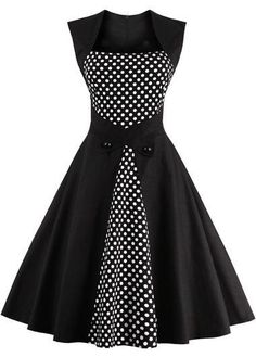 Black Polka Dot Print Sleeveless A Line Dress | lulugal.com - USD $32.06 Gaun Koktail, Square Dress, Midi Skater Dress, Robes Vintage, Afrikaanse Mode, Spotted Dress, Semi Formal Dress, Dress Homecoming, Skater Dresses