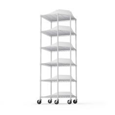 a white shelving unit with four shelves on each side and three wheels in the middle