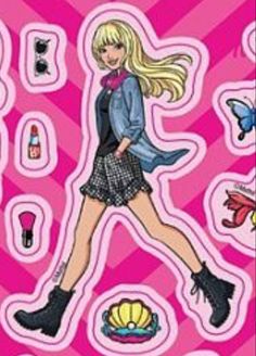 a drawing of a girl with blonde hair and boots, in front of pink background