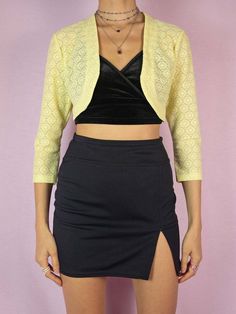 The Y2K Party Yellow Bolero Shrug is a vintage 2000s summer party three-quarter sleeve jacket. Y2k Party, Lace Bolero, Shrugs And Boleros, Y2k Fashion, Crop Jacket, Vintage Lace, Womens Clothing Tops, Favorite Outfit