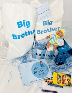 the big brother and little brother book is on display next to two bags full of books