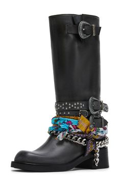 Free-spirited fabric accents combine with sleek hardware on this smooth leather moto boot boasting engraved buckles and gleaming studs. 2" heel 13" shaft; 16" calf circumference Pull-on style Leather and textile upper/synthetic lining and sole Made in Turkey Dress With Moto Boots, Motor Boots Outfit, Rider Boots Outfit, Depop Ideas, Moto Boots Outfit, Biker Boots Outfit, Motorcycle Boots Outfit, Shoe Custom, Personalized Boots