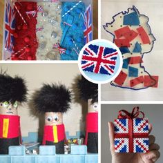 four pictures with different things made out of felt and thread, including british flags, an ornament, a toy soldier's head