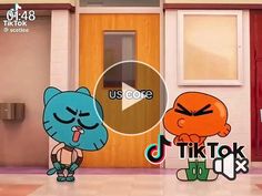 two cartoon characters standing in front of a door