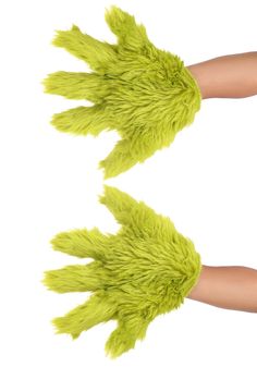 two hands with green furry gloves on them