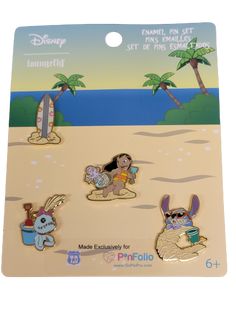 disney pin set featuring pooh and friends on the beach with palm trees in the background