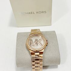 New Michael Kors Lennox Pav Logo Rose Gold-Tone Watch Conditions New In A Box Formal Rose Gold Diamond Analog Watch, Elegant Michael Kors Diamond Watch, Michael Kors Gold Watches For Formal Occasions, Michael Kors Rose Gold Watch With Subdials, Michael Kors Gold Diamond Watch With Round Dial, Michael Kors Diamond Watch With Round Dial, Modern Michael Kors Watch With Diamond Hour Markers, Modern Michael Kors Watches With Diamond Hour Markers, Michael Kors Elegant Diamond Watch