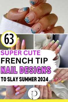 The best summer nails 2024, short french tip nails, french tip nails with color, cute french tip nails, french tip nails with glitter, nails 2024 summer to get at your next nail appointment. French Tip Nails With Color, French Tip Nails With Glitter, Cute French Tip Nails, Summer French Manicure, Summer French Nails, Short French Tip Nails