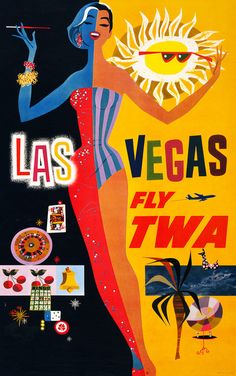 an advertisement for las vegas fly twa with a woman in blue and yellow dress