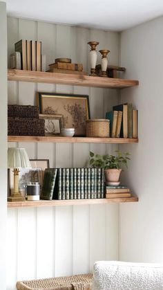 shelves with books and other items on them