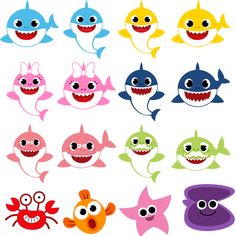 a group of cartoon sharks with big eyes and teeth, all in different colors on a white background