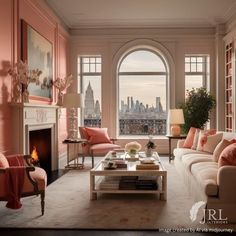 a living room filled with furniture and a fire place in front of a large window