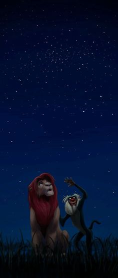 the lion and the mouse are facing each other in front of a night sky with stars