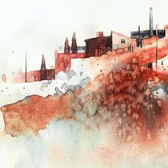 an abstract painting of a city with red buildings and trees in the foreground, on a white background