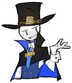 a drawing of a man in a top hat and blue suit holding his hand out