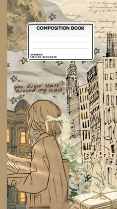 an illustration of a girl looking at the city from her book composition book, written in japanese and english