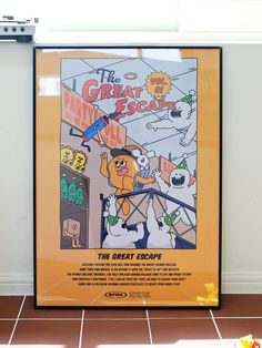 the great escape movie poster on display in a room with tile flooring and white walls