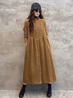 Original Solid Corduroy Lapel Dress ARMY GREEN-FREE SIZE Winter Dresses Plus Size Casual, Ladies Dresses Casual Winter, A Line Long Dress Casual Winter, Cheap Playful Winter Dresses, Winter Long Casual Dresses, Winter Casual Maternity Dresses, Corduroy Tunic Dress Pattern, Cheap Solid Color Winter Dresses, Winter Dresses Plus