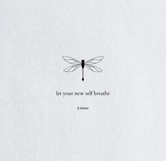 a black and white photo with a dragonfly on it's back, saying let your new self breathe