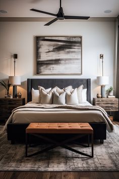 Gray Masculine Bedroom, Black Bedframe Bedroom Ideas Cozy, Rustic Masculine Bedroom, Dark Tone Bedroom, Nyc Bedroom Ideas, Men House Decor Ideas, Hotel Style Bedroom Master Suite, Manly Bedroom Ideas, Modern Men’s Bedroom