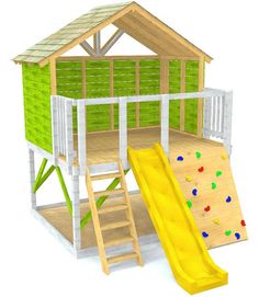 a wooden play set with a slide and climbing wall