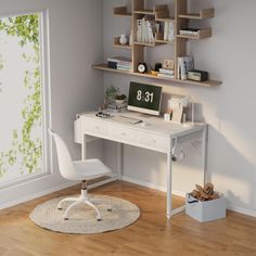 a white desk and chair in a room with wood flooring, bookshelves and shelves on the wall