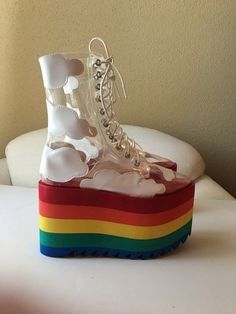 Rainbow Boots, Mood Happy, Kawaii Shoes, Funky Shoes, Girly Shoes, White Cloud, Aesthetic Shoes