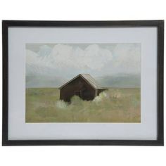 an oil painting of a barn in the middle of a field with clouds above it