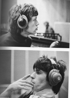 two pictures of the same person with headphones on, and one in black and white