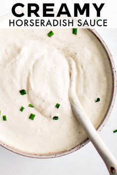 creamy horseradish sauce in a bowl with a spoon on the side and text overlay