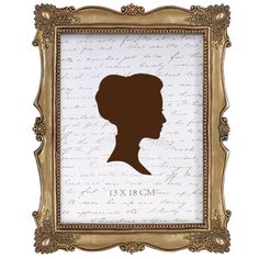 the silhouette of a woman's head is shown in an ornate frame with writing on it