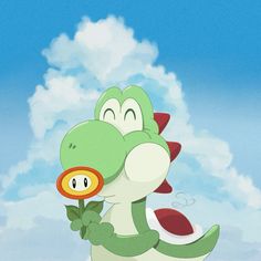 a green and white dragon holding a flower in it's right hand with clouds in the background