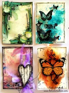 four square paintings with butterflies on them and some words written in the bottom right corner