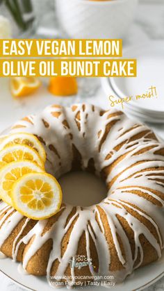 an easy vegan lemon olive oil bundt cake on a plate with oranges