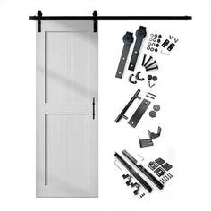 an assortment of hardware and tools are displayed on a white background, including a sliding door