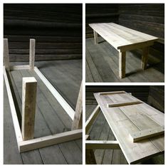 four different views of a wooden bench made out of pallet boards and wood planks