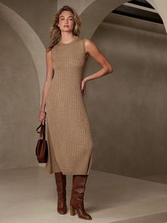 Andiamo Merino Sweater Dress | Banana Republic Petite Work Outfits, Midi Sweater Dress, Sleeveless Sweater Dress, Tan Dress, Dresses Casual Fall, Merino Sweater, Spring Capsule Wardrobe, Ribbed Sweater Dress, Tan Dresses