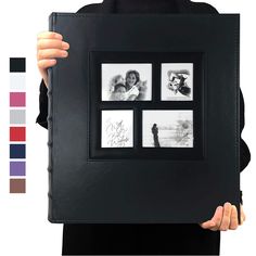 a person holding up a black leather photo frame with four photos in it and the color swat list below