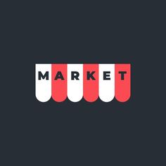 the word market on a black background with red and white vertical stripes in front of it